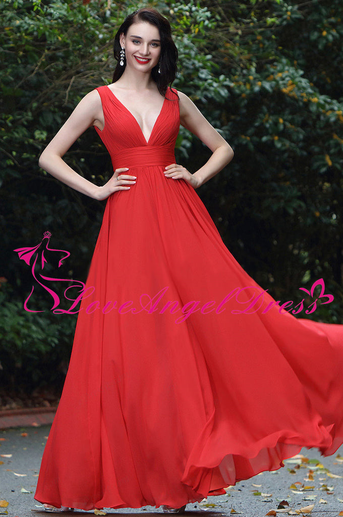 A-line Floor Length V-neck Red Chiffon Long Prom Gowns