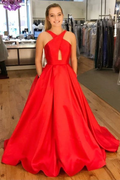 A line Satin Long Red Prom Dresses with Pockets vestido de formatura