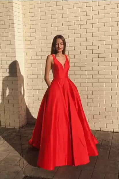 A-line Satin Red Prom Dress 2019 V-neckline Party Gowns