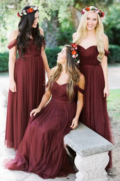 a-line-tulle-off-the-shoulder-wine-bridesmaid-dresses-long-1