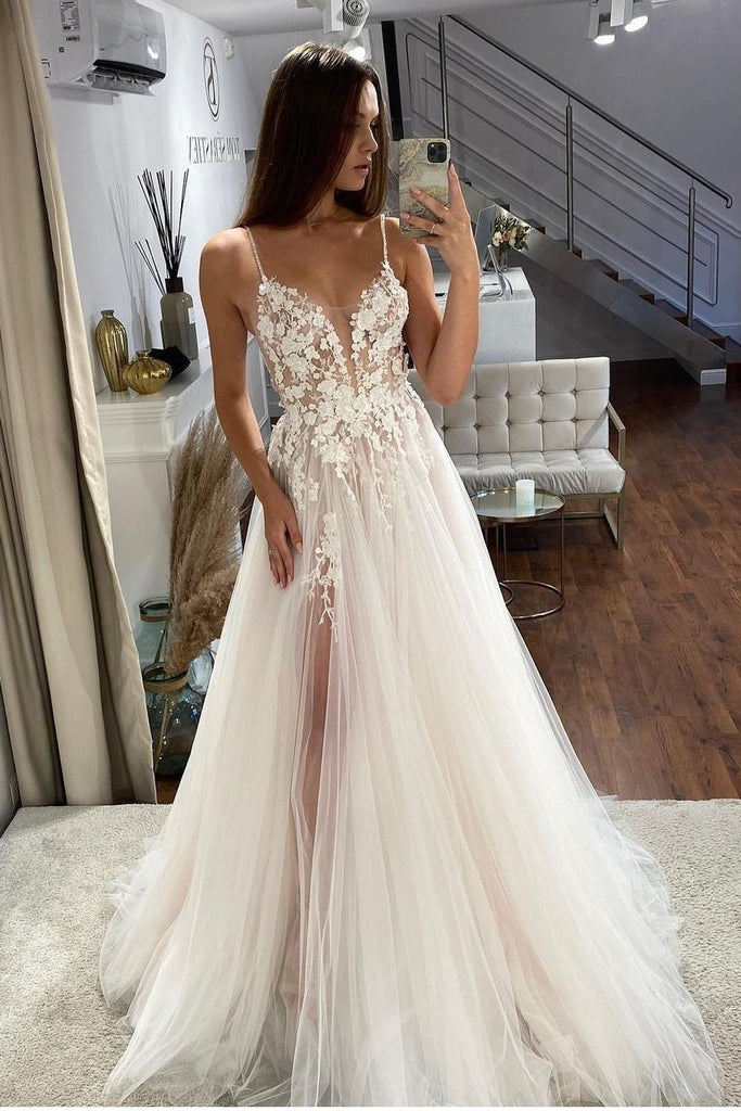 A-line Tulle Wedding Gown with Semi-sheer Lace Bodice