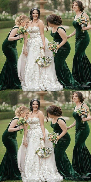 Long Dark Green Velvet Bridesmaid Dresses with Double Straps
