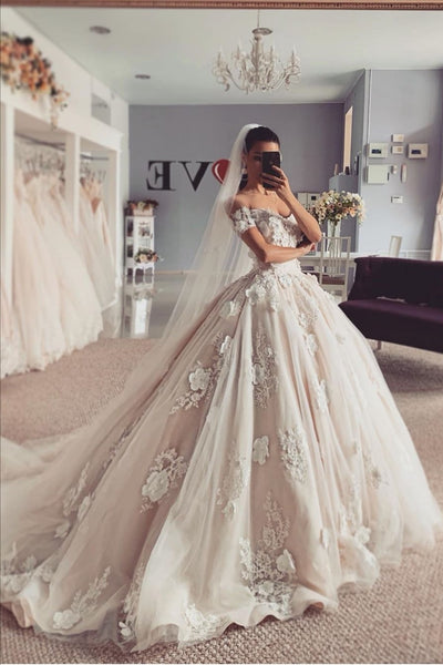 Appliques Flowers Princess Wedding Dresses Off-the-shoulder – loveangeldress