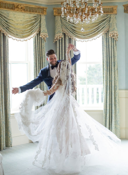 Appliques High Neck Wedding Gown with Sheer Long Sleeves