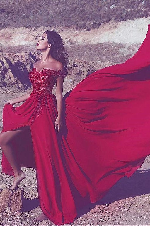 Appliques Lace Red Long Prom Dress with Off-the-shoulder