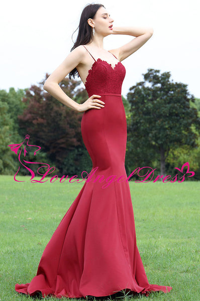 Sweetheart Lace Satin Red Mermaid Evening Dresses with Spaghetti Straps
