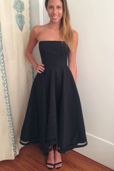 Backless Black High-Low Prom Gown with Strapless Bodice