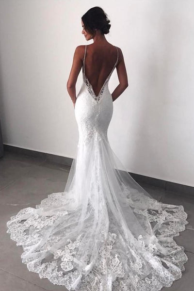Backless Mermaid Lace Wedding Dresses with Double Straps