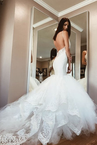 Backless Mermaid Wedding Gown Dress with Lace Cathedral Tulle Train –  loveangeldress