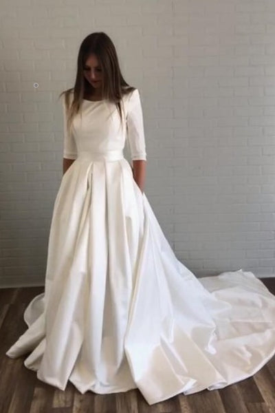 bateau-satin-half-sleeves-wedding-dresses-with-pockets