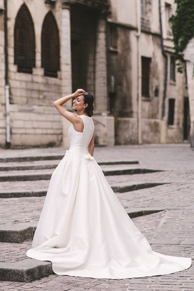 Bateau Satin Wedding Dresses with Buttons Down Train