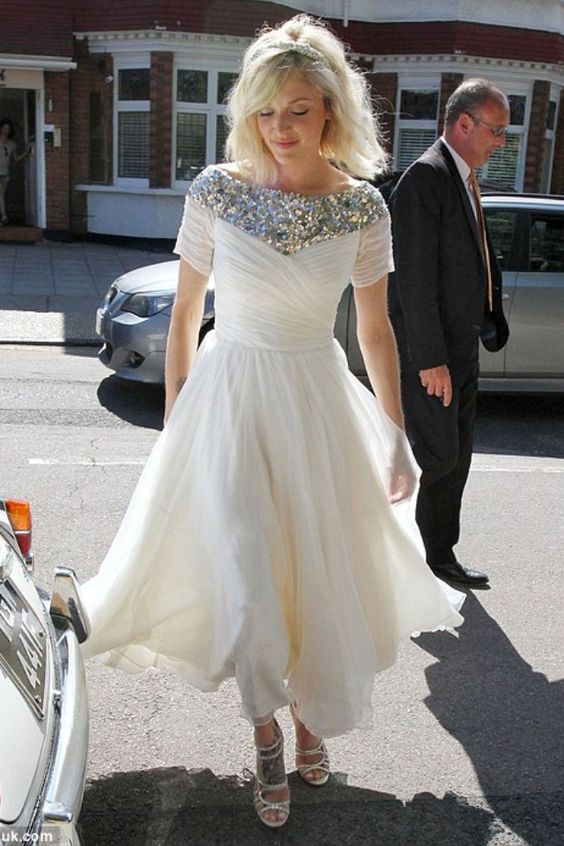 Bateau Sequin Rhinestones Short Sleeves Chiffon Wedding Dress Ankle Length