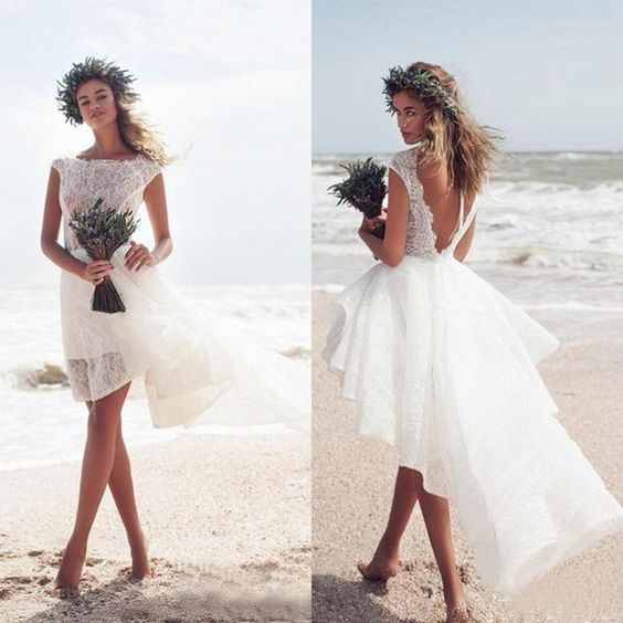 Beach Short Lace Wedding Dress with Swallowtail Skirt – loveangeldress