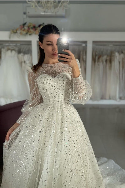 Beaded and Sequin Wedding Dress Long Sleeves