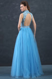 Beaded Appliques Lace Blue Prom Dresses with Tulle Skirt