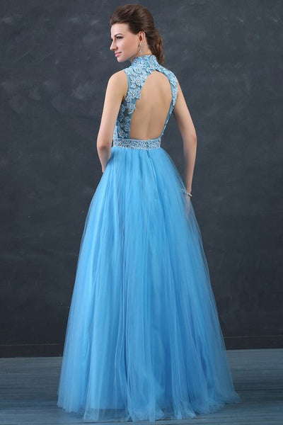 Beaded Appliques Lace Blue Prom Dresses with Tulle Skirt