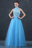 Beaded Appliques Lace Blue Prom Dresses with Tulle Skirt