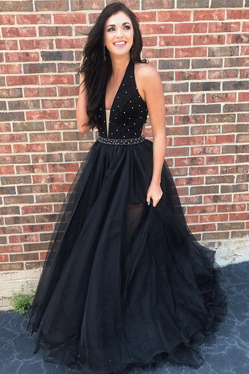 Beaded Black Tulle Prom Gown with Plunging Halter Neckline