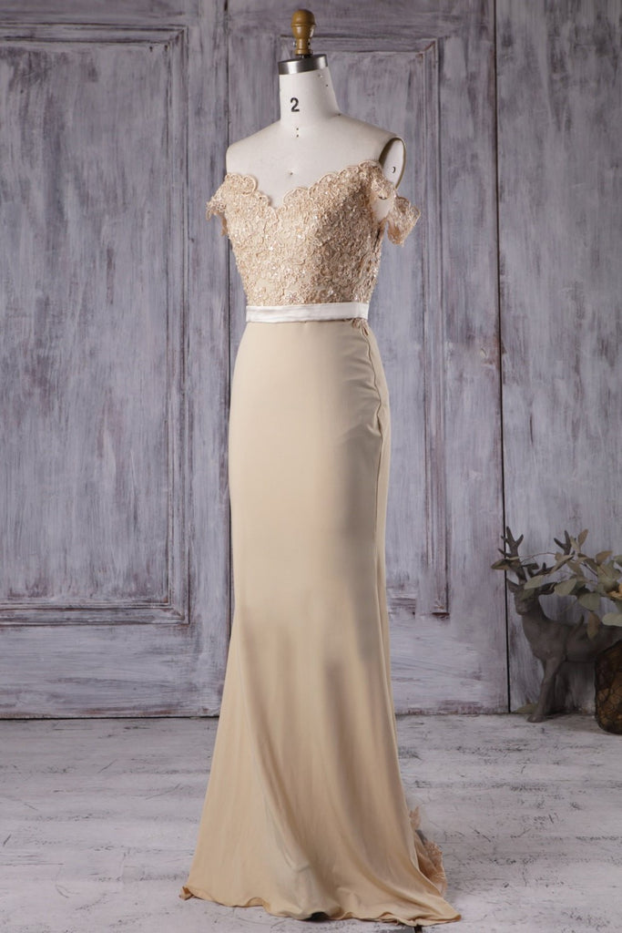 Beaded Lace Champagne Bridesmaid Dress Long Chiffon Skirt