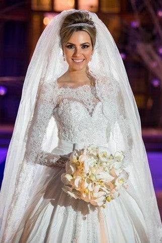 beaded-lace-long-sleeves-wedding-dress-with-satin-skirt-1