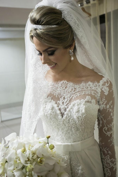 beaded-lace-long-sleeves-wedding-dress-with-satin-skirt-2