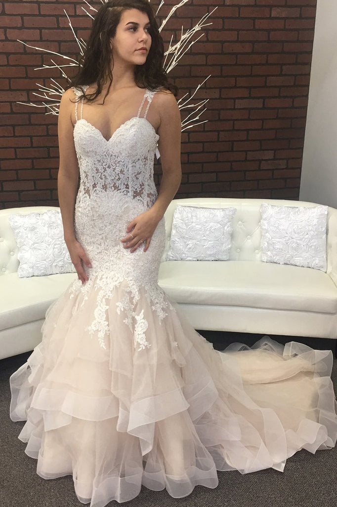 Beaded Lace Mermaid Wedding Dresses with Double Straps