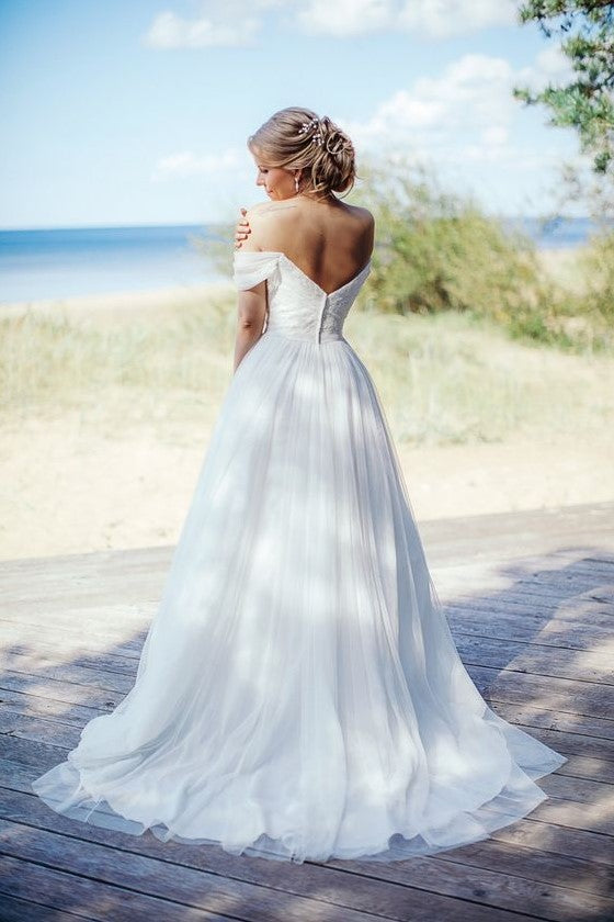 Beaded Lace Off-the-shoulder Wedding Gown with Chiffon Skirt