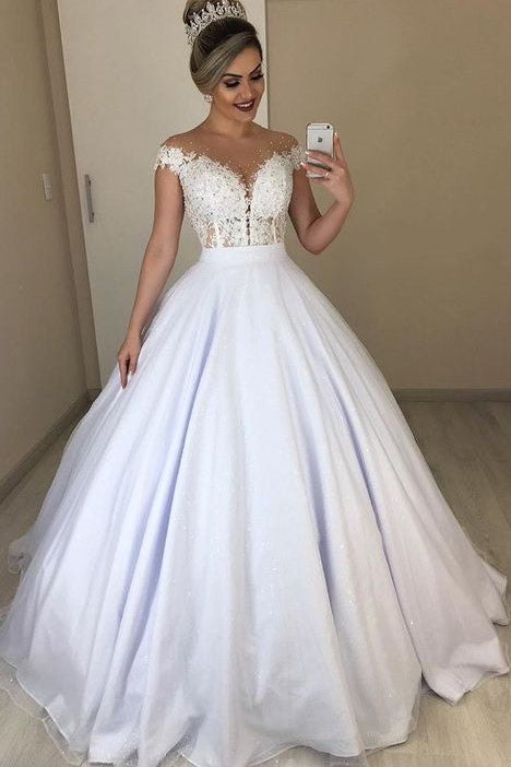 Beaded See-through Wedding Gowns with Lace Cap Sleeves