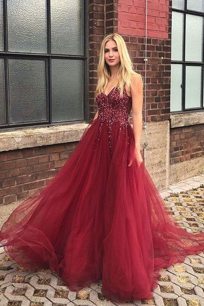 beaded-v-neckline-burgundy-evening-dress-tulle-skirt