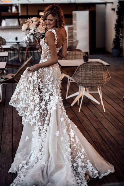 Beautiful Lace Floral Wedding Gown with Shoulder Straps