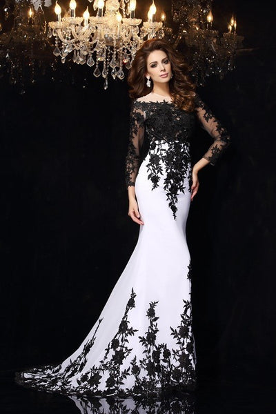 Black Floral Lace Wedding Dress White Chiffon Illusion Neckline