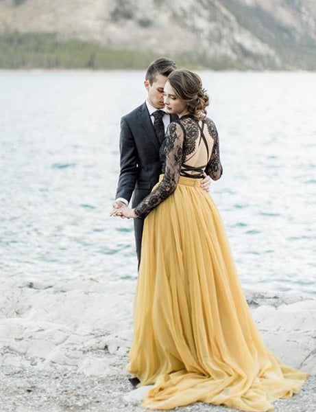 black-lace-long-sleeve-wedding-dress-yellow-chiffon-skirt-2