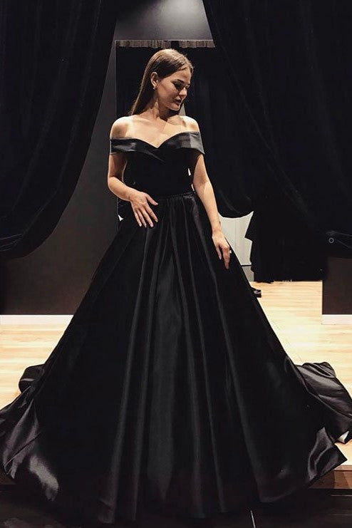 Black Satin Evening Gown with Fold Off-the-shoulder