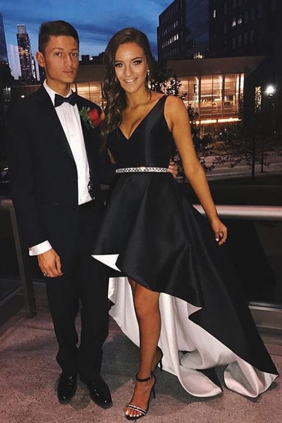 black-satin-v-neck-hi-lo-prom-dresses-with-beaded-belt-sash-1