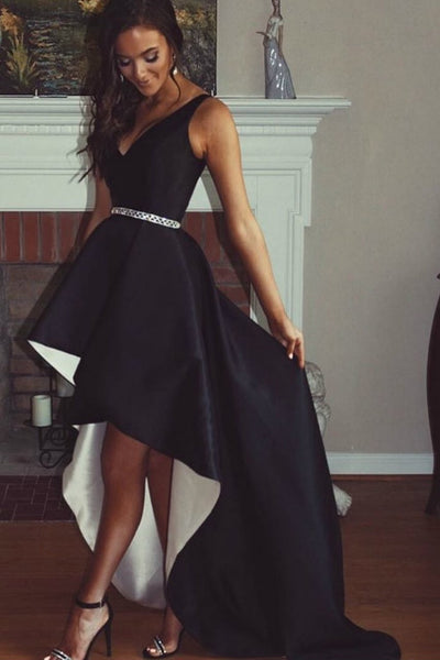 black-satin-v-neck-hi-lo-prom-dresses-with-beaded-belt-sash