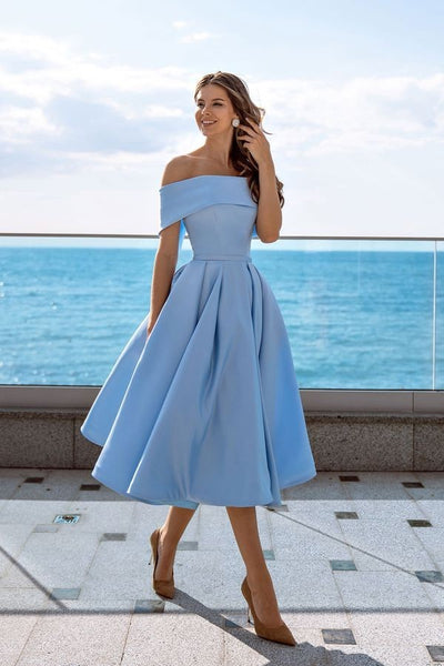 Blue Satin Tea-Length Prom Gown with Off-the-shoulder – loveangeldress
