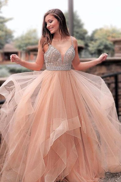 Blush Pink Tulle Prom Party Gown with Beaded Bodice