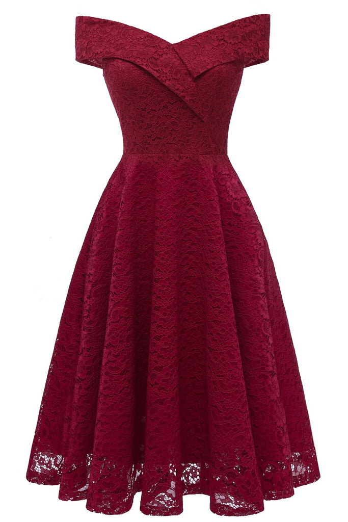 Burgundy Lace Bridesmaid Gown Short Party Dress with Off-the-shoulder