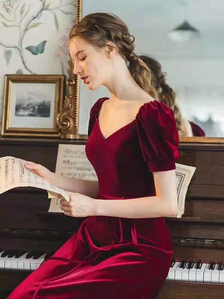 burgundy-velvet-long-prom-gowns-with-puffy-sleeves