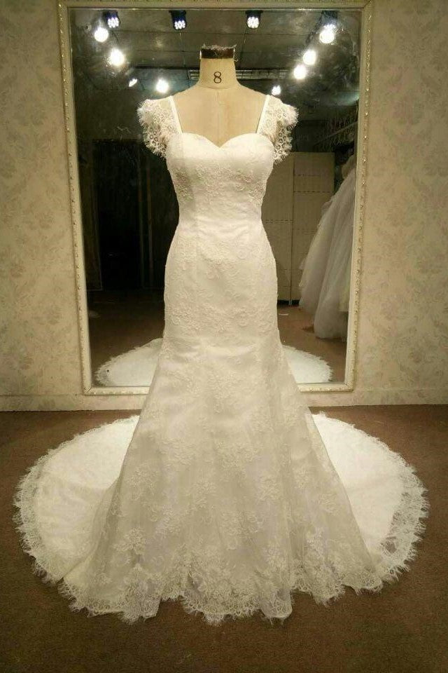 Cap Sleeves Sheath Lace Wedding Dress Vintage Backless Bride Gown