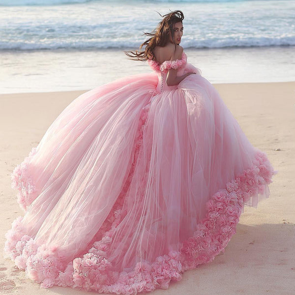 Castle Style Ruffled Flowers Tulle Pink Ball Gown Wedding Dresses –  loveangeldress