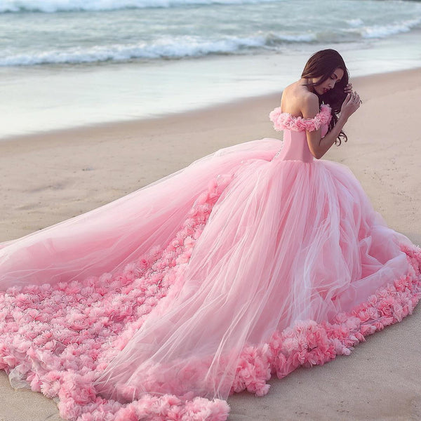 Castle Style Ruffled Flowers Tulle Pink Ball Gown Wedding Dresses –  loveangeldress