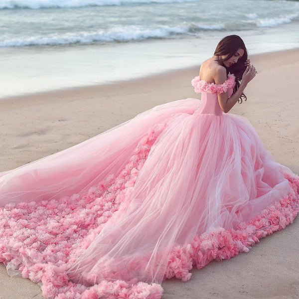 Castle Style Ruffled Flowers Tulle Pink Ball Gown Wedding Dresses