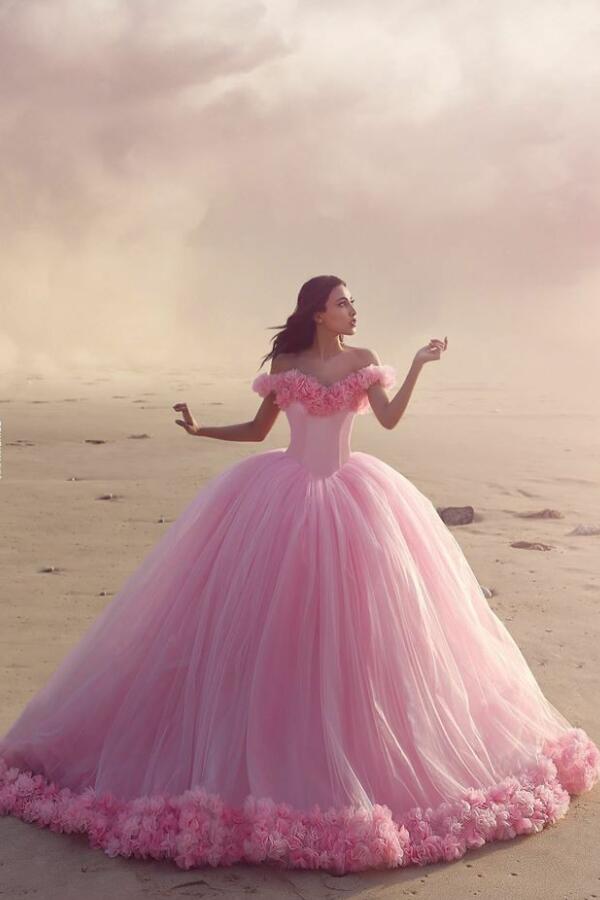 Castle Style Ruffled Flowers Tulle Pink Ball Gown Wedding Dresses