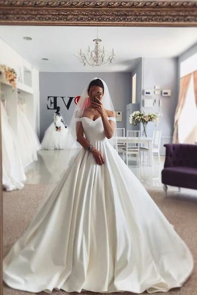 Chic Satin Princess Wedding Gown Dress with Off the shoulder
