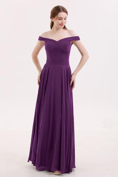 Chiffon Long Grape Bridesmaid Dresses with Off-the-shoulder