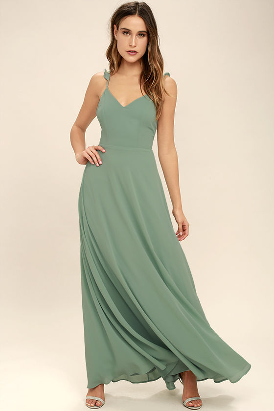 Chiffon Long Sage Bridesmaid Gown Double Straps Maxi Dresses