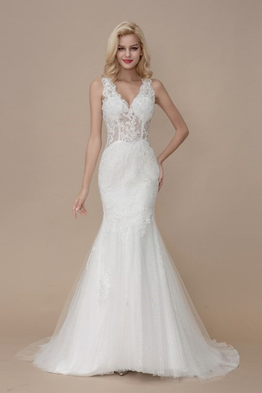Classic V-neckline Mermaid Wedding Dresses Lace Bodice