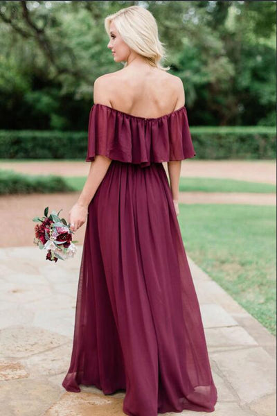 Burgundy off the sales shoulder bridesmaid dress