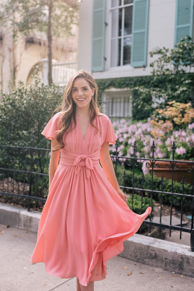 Coral Chiffon Modest Bridesmaid Dresses Short